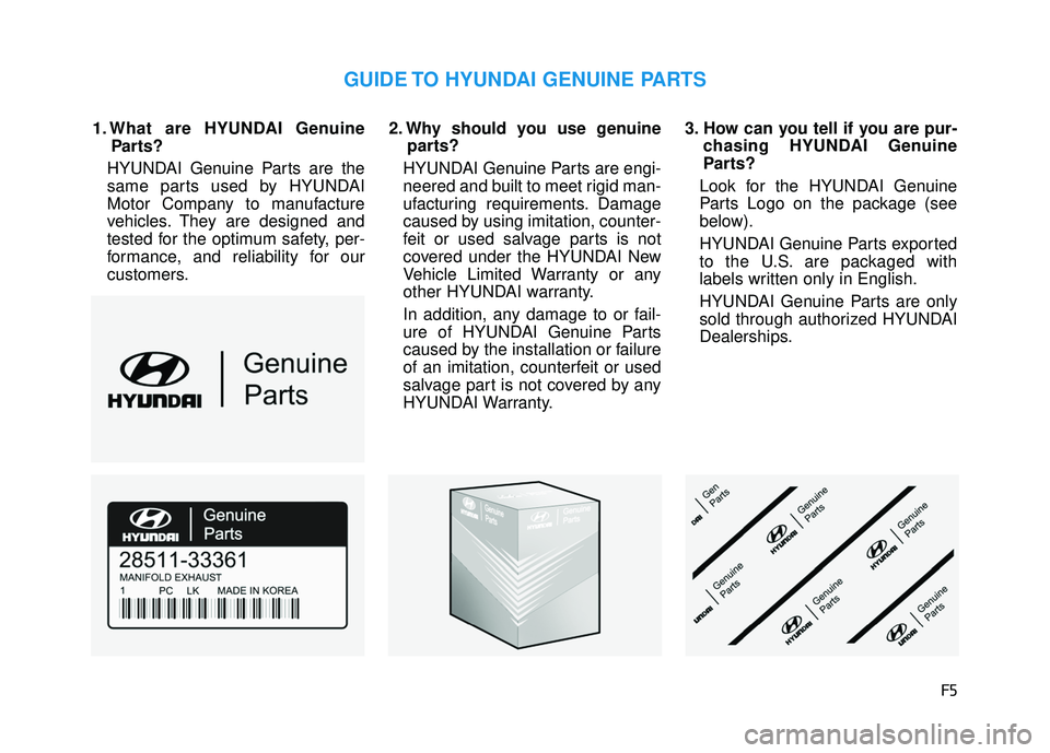 HYUNDAI TUCSON LIMITED 2017  Owners Manual F5
1. What are HYUNDAI GenuineParts?
HYUNDAI Genuine Parts are the 
same parts used by HYUNDAI
Motor Company to manufacture
vehicles. They are designed and
tested for the optimum safety, per-
formance