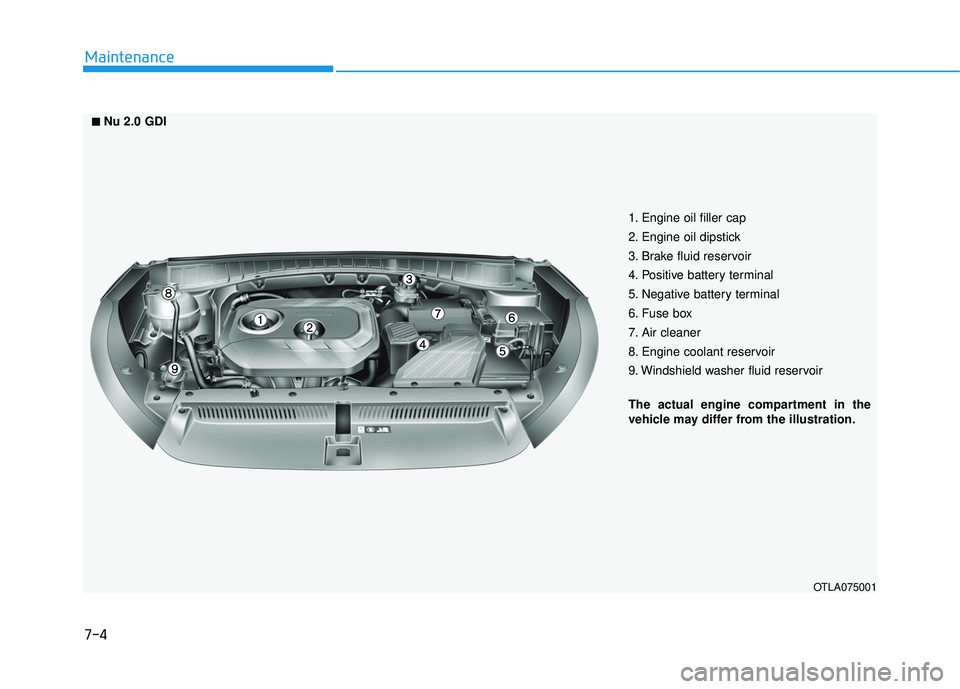 HYUNDAI TUCSON LIMITED 2017  Owners Manual 7-4
Maintenance
■■Nu 2.0 GDI 1. Engine oil filler cap 
2. Engine oil dipstick 
3. Brake fluid reservoir 
4. Positive battery terminal
5. Negative battery terminal 
6. Fuse box 
7. Air cleaner 
8. 