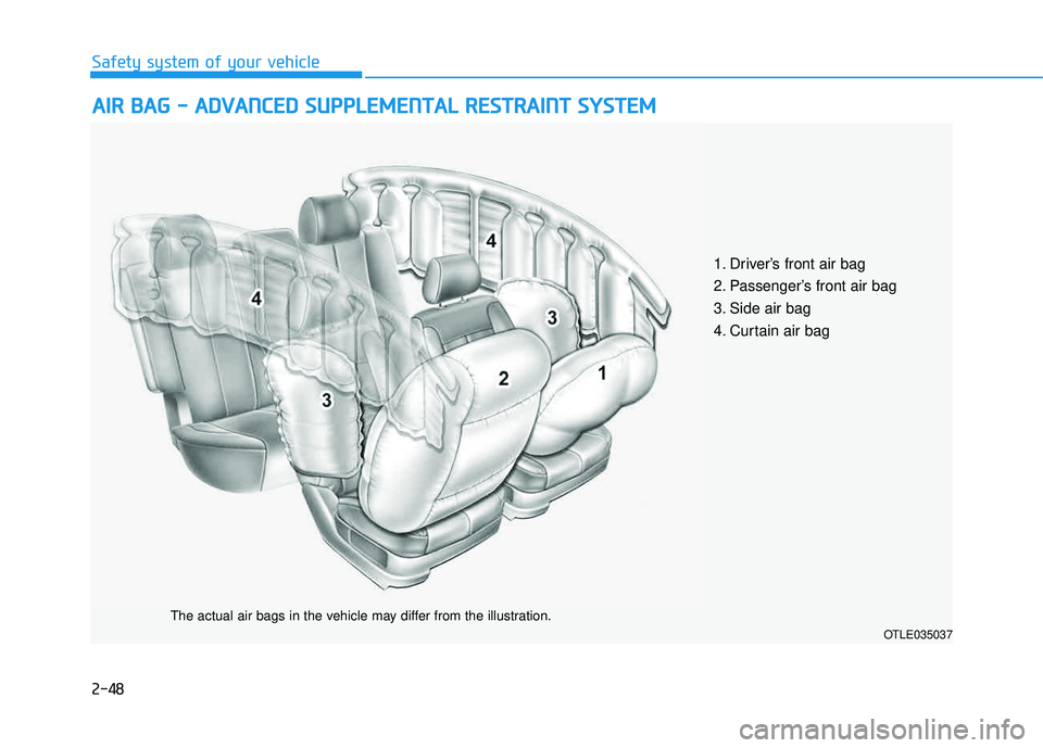 HYUNDAI TUCSON LIMITED 2017 Manual PDF 2-48
Safety system of your vehicle
AAIIRR BB AA GG -- AA DDVVAA NN CCEE DD SS UU PPPPLLEE MM EENN TTAA LL RR EESSTT RR AA IINN TT SS YY SSTT EEMM
OTLE035037
The actual air bags in the vehicl HYUNDAI TUCSON LIMITED 2017 Manual PDF 2-48
Safety system of your vehicle
AAIIRR BB AA GG -- AA DDVVAA NN CCEE DD SS UU PPPPLLEE MM EENN TTAA LL RR EESSTT RR AA IINN TT SS YY SSTT EEMM
OTLE035037
The actual air bags in the vehicl