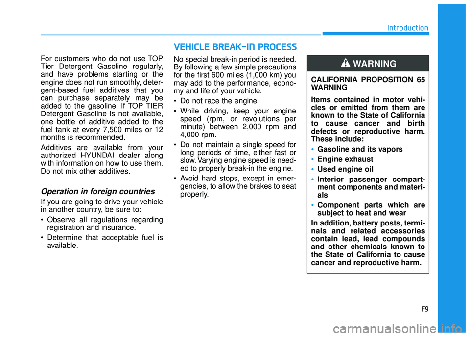 HYUNDAI TUCSON LIMITED 2017  Owners Manual F9
Introduction
For customers who do not use TOP 
Tier Detergent Gasoline regularly,
and have problems starting or the
engine does not run smoothly, deter-
gent-based fuel additives that you
can purch