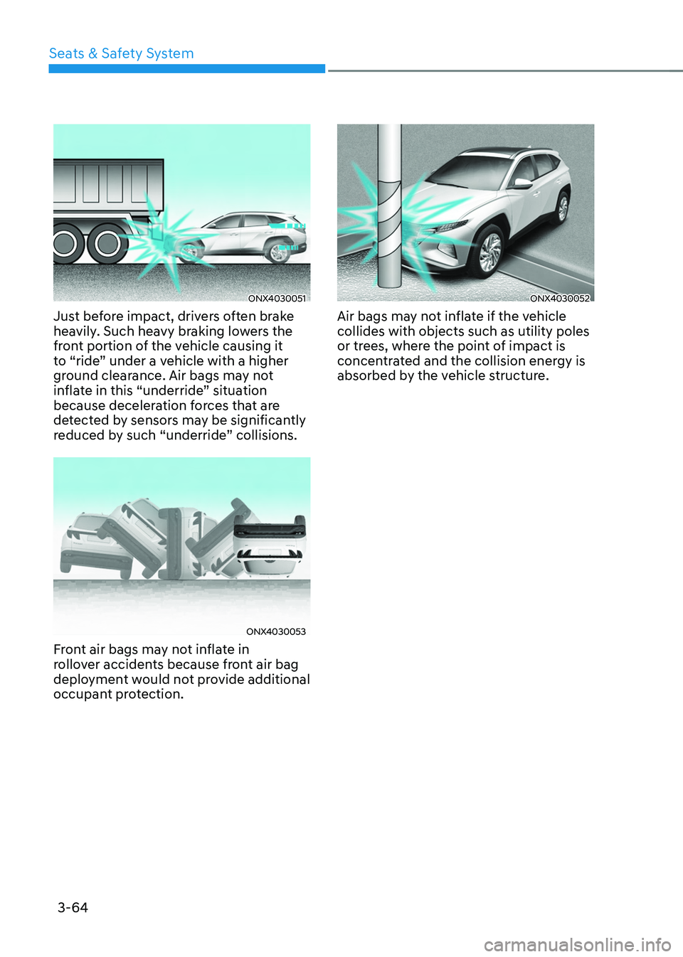 HYUNDAI TUCSON HYBRID 2022 Owners Manual Seats & Safety System
3-64
ONX4030051
Just before impact, drivers often brake
heavily. Such heavy braking lowers the
front portion of the vehicle causing it
to “ride” under a vehicle with a hig HYUNDAI TUCSON HYBRID 2022 Owners Manual Seats & Safety System
3-64
ONX4030051
Just before impact, drivers often brake
heavily. Such heavy braking lowers the
front portion of the vehicle causing it
to “ride” under a vehicle with a hig