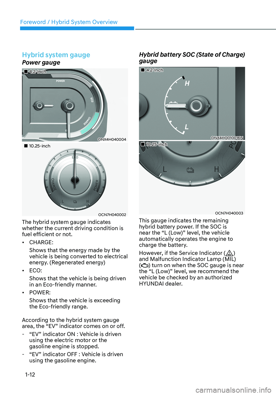 HYUNDAI TUCSON HYBRID 2022 User Guide Foreword / Hybrid System Overview
1-12
Hybrid system gauge
Power gauge
4.2-Inch
ONX4H040004
10.25-inch
OCN7H040002
The hybrid system gauge indicates
whether the current drivin HYUNDAI TUCSON HYBRID 2022 User Guide Foreword / Hybrid System Overview
1-12
Hybrid system gauge
Power gauge
4.2-Inch
ONX4H040004
10.25-inch
OCN7H040002
The hybrid system gauge indicates
whether the current drivin