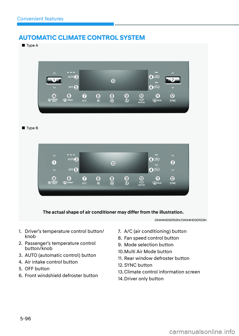 HYUNDAI TUCSON HYBRID 2022 Owners Manual Convenient features
5-96
aUTomaTIC ClImaTe ConTrol sysTem
Type A
Type B
The actual shape of air conditioner may differ from the illustration.
ONX4H050102N/ONX4H050103N
1. Drive HYUNDAI TUCSON HYBRID 2022 Owners Manual Convenient features
5-96
aUTomaTIC ClImaTe ConTrol sysTem
Type A
Type B
The actual shape of air conditioner may differ from the illustration.
ONX4H050102N/ONX4H050103N
1. Drive
