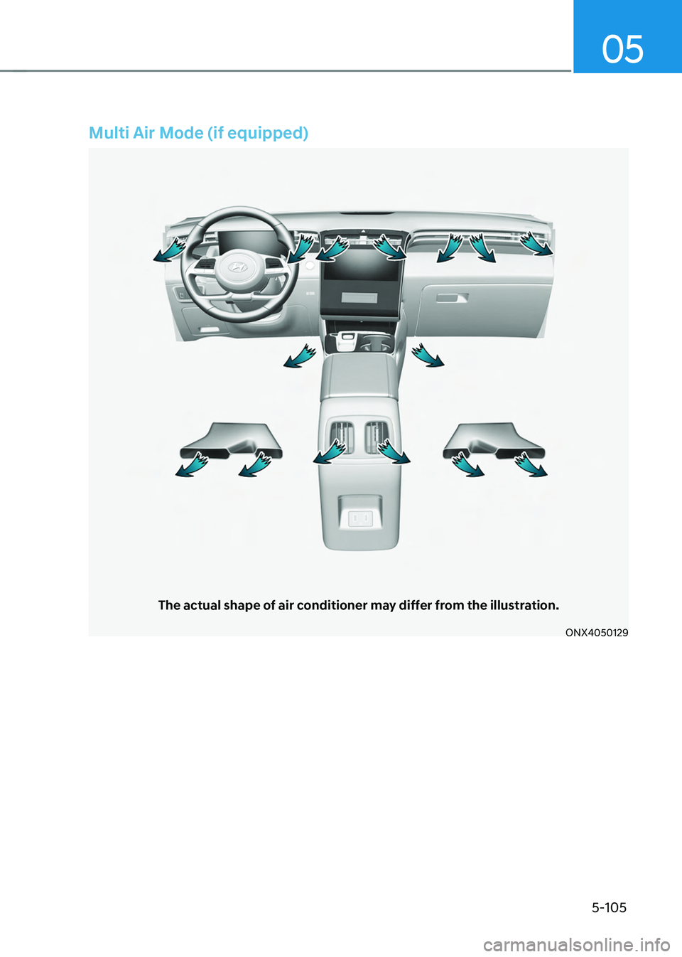 HYUNDAI TUCSON HYBRID 2022 Owners Manual 05
5-105
Multi Air Mode (if equipped)
The actual shape of air conditioner may differ from the illustration.
ONX4050129 HYUNDAI TUCSON HYBRID 2022 Owners Manual 05
5-105
Multi Air Mode (if equipped)
The actual shape of air conditioner may differ from the illustration.
ONX4050129