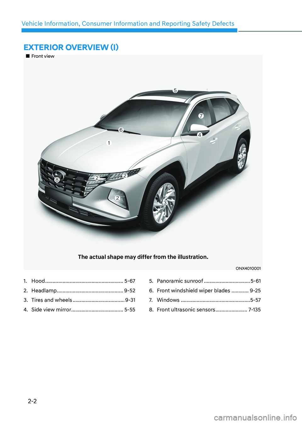 HYUNDAI TUCSON HYBRID 2022 Owners Guide 2-2
Vehicle Information, Consumer Information and Reporting Safety Defects
EXTERIOR OVERVIEW (I)
Front view
The actual shape may differ from the illustration.
ONX4010001
1. Hood .......... HYUNDAI TUCSON HYBRID 2022 Owners Guide 2-2
Vehicle Information, Consumer Information and Reporting Safety Defects
EXTERIOR OVERVIEW (I)
Front view
The actual shape may differ from the illustration.
ONX4010001
1. Hood ..........