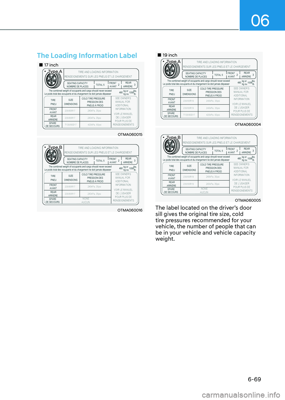 HYUNDAI TUCSON HYBRID 2022 Owners Manual 06
6-69
The Loading Information Label
17 inch•Type A
OTMA060015
•Type B
OTMA060016
19 inch•Type A
OTMA060004
•Type B
OTMA060005
The label locate HYUNDAI TUCSON HYBRID 2022 Owners Manual 06
6-69
The Loading Information Label
17 inch•Type A
OTMA060015
•Type B
OTMA060016
19 inch•Type A
OTMA060004
•Type B
OTMA060005
The label locate