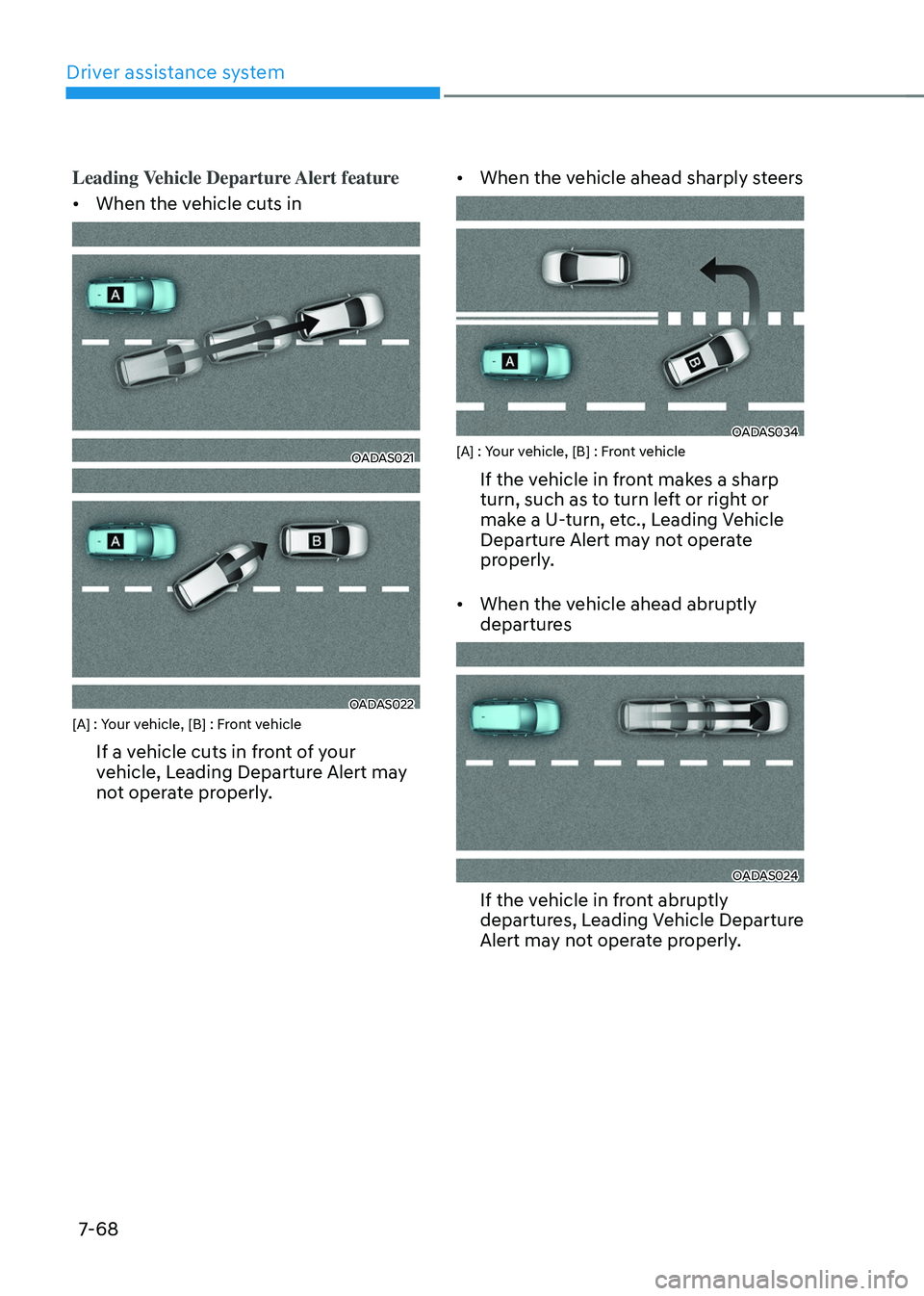 HYUNDAI TUCSON HYBRID 2022  Owners Manual Driver assistance system
7-68
Leading Vehicle Departure Alert feature
•	When the vehicle cuts in
OADAS021
OADAS022[A] : Your vehicle, [B] : Front vehicle
If a vehicle cuts in front of your 
vehicle,