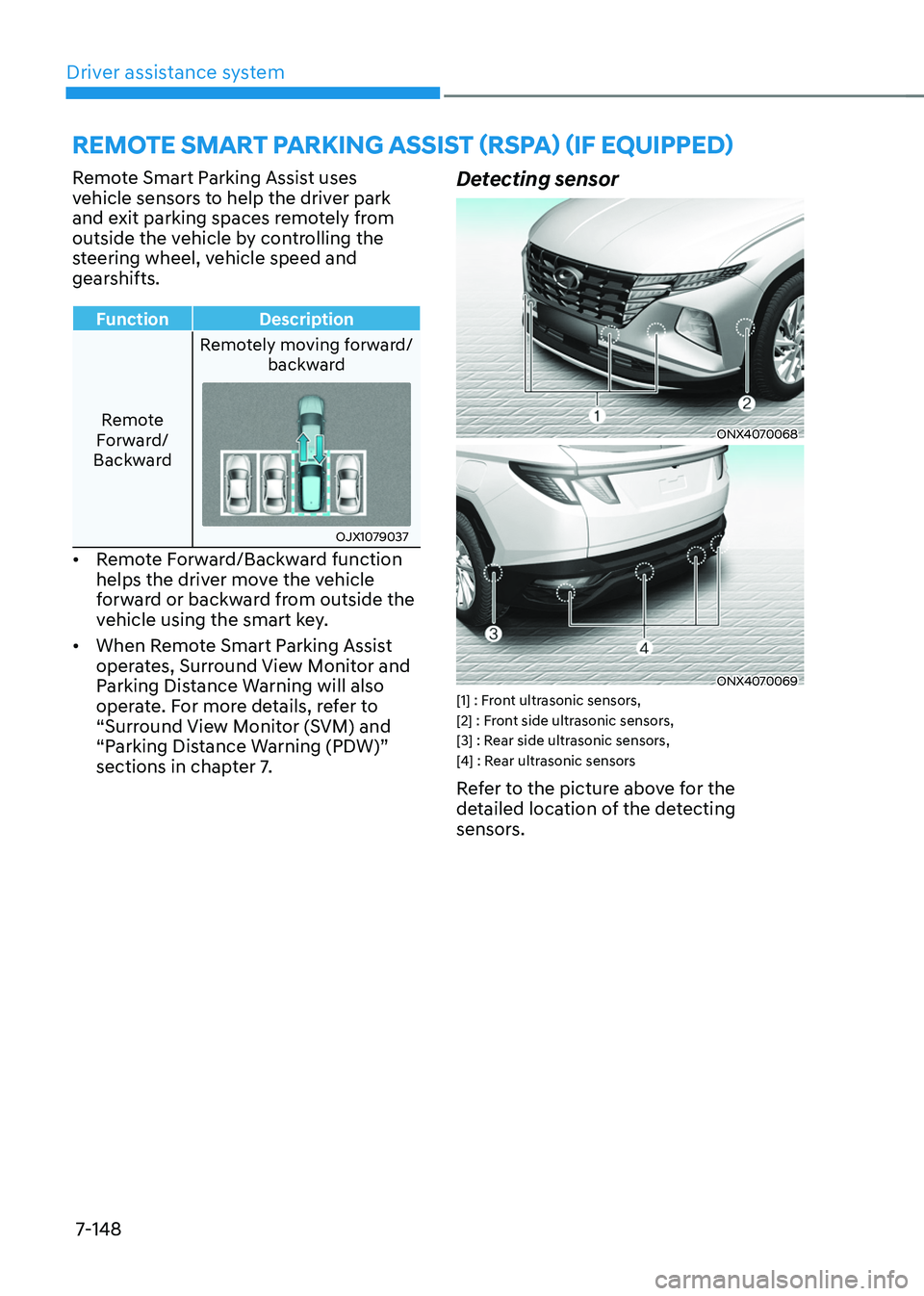 HYUNDAI TUCSON HYBRID 2022 Owners Manual Driver assistance system
7-148
Remote Smart Parking Assist uses
vehicle sensors to help the driver park
and exit parking spaces remotely from
outside the vehicle by controlling the
steering wheel, HYUNDAI TUCSON HYBRID 2022 Owners Manual Driver assistance system
7-148
Remote Smart Parking Assist uses
vehicle sensors to help the driver park
and exit parking spaces remotely from
outside the vehicle by controlling the
steering wheel,