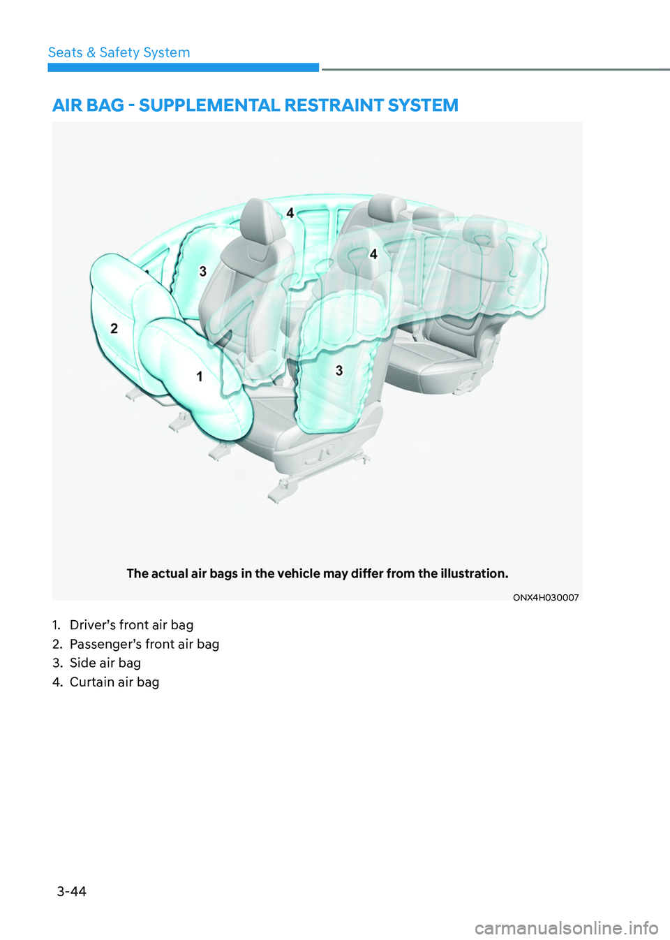 HYUNDAI TUCSON HYBRID 2022 Manual Online 3-44
Seats & Safety System
The actual air bags in the vehicle may differ from the illustration.
ONX4H030007
aiR bag - supplemental RestRaint system
1. Driver’s front air bag
2.
Passenger’
s fron HYUNDAI TUCSON HYBRID 2022 Manual Online 3-44
Seats & Safety System
The actual air bags in the vehicle may differ from the illustration.
ONX4H030007
aiR bag - supplemental RestRaint system
1. Driver’s front air bag
2.
Passenger’
s fron