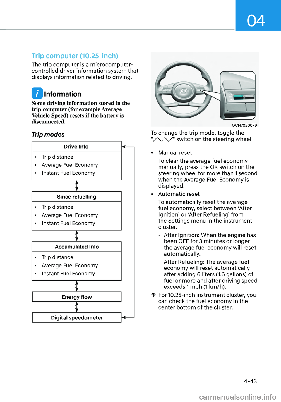 HYUNDAI TUCSON HYBRID 2021 Owners Manual 04
4-43
Trip computer (10.25-inch)
The trip computer is a microcomputer-
controlled driver information system that
displays information related to driving.
Information
Some driving information store HYUNDAI TUCSON HYBRID 2021 Owners Manual 04
4-43
Trip computer (10.25-inch)
The trip computer is a microcomputer-
controlled driver information system that
displays information related to driving.
Information
Some driving information store