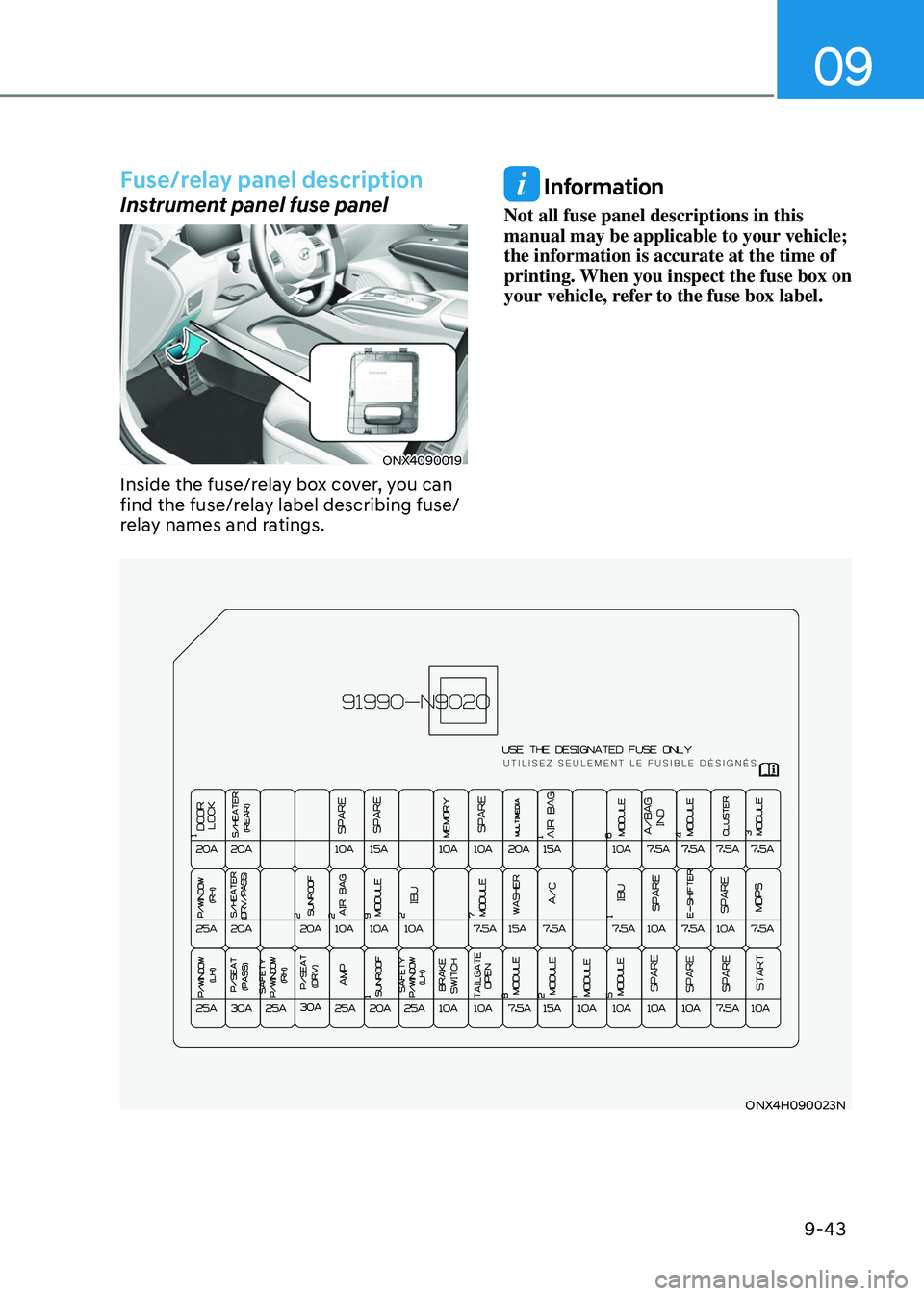 HYUNDAI TUCSON HYBRID 2021  Owners Manual 09
9-43
Fuse/relay panel description
Instrument panel fuse panel
ONX4090019
Inside the fuse/relay box cover, you can 
find the fuse/relay label describing fuse/
relay names and ratings.
 Information
N