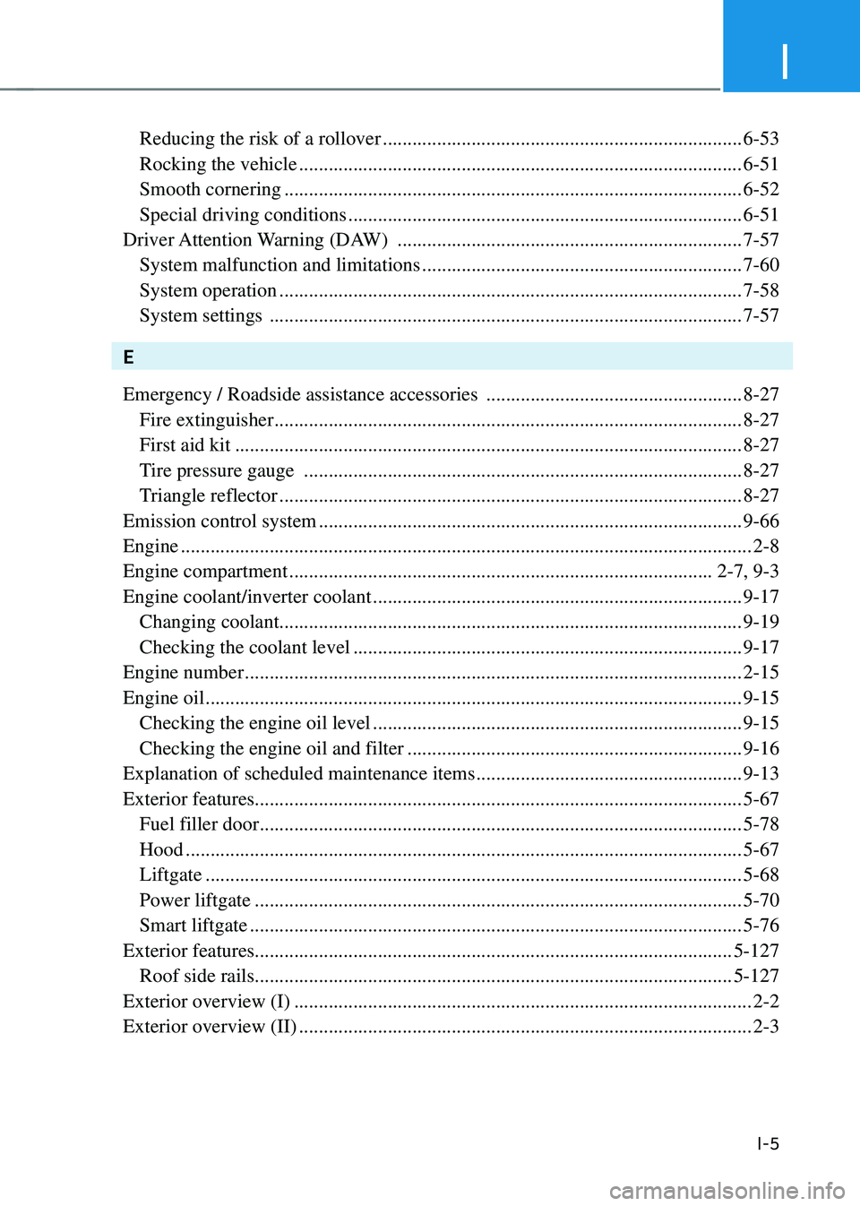 HYUNDAI TUCSON HYBRID 2021  Owners Manual I
I-5
 Reducing the risk of a rollover ........................................................................\
.6-53
 Rocking the vehicle ............................................................