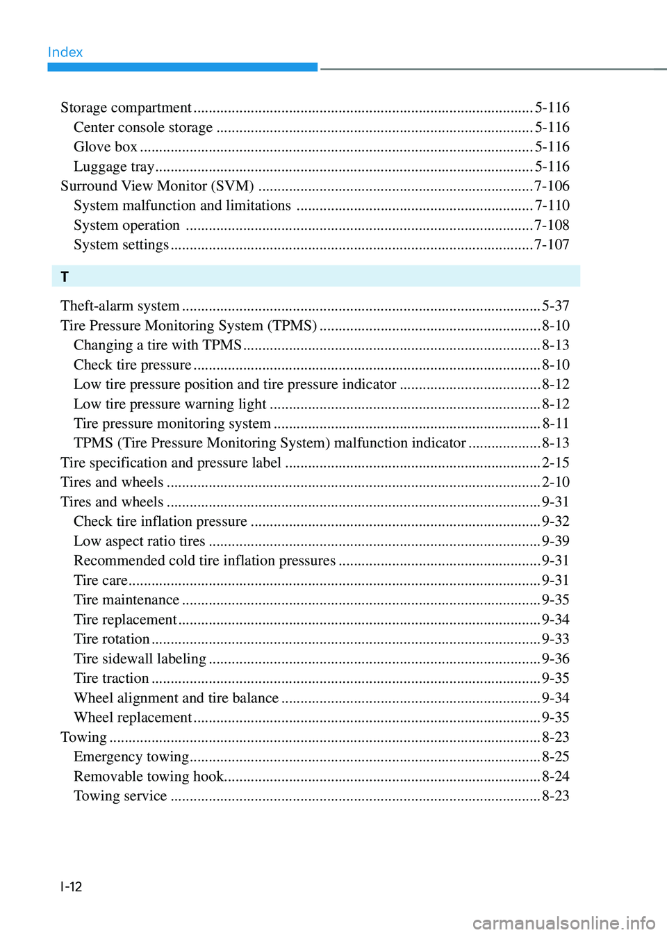 HYUNDAI TUCSON HYBRID 2021  Owners Manual Index
I-12
Storage compartment ........................................................................\
.................5-116
 Center console storage ................................................