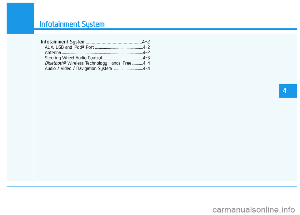 HYUNDAI TUCSON 2021 Owners Manual Infotainment System
Infotainment System..............................................4-2
AUX, USB and iPod® ®Port ...............................................4-2
Antenna ......................... HYUNDAI TUCSON 2021 Owners Manual Infotainment System
Infotainment System..............................................4-2
AUX, USB and iPod® ®Port ...............................................4-2
Antenna .........................