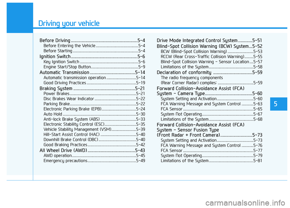 HYUNDAI TUCSON 2021 Service Manual Driving your vehicle
5
Before Driving ........................................................5-4
Before Entering the Vehicle ...........................................5-4
Before Starting ...........