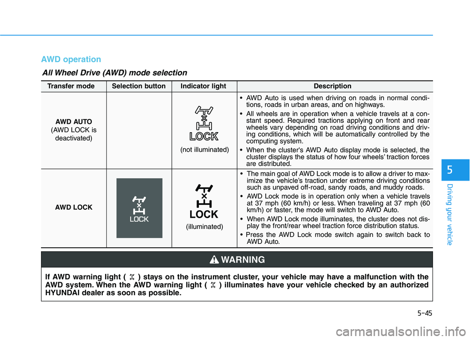 HYUNDAI TUCSON 2021 Owners Manual 5-45
Driving your vehicle
5
AWD operation
If AWD warning light ( ) stays on the instrument cluster, your vehicle may have a malfunction with the
AWD system. When the AWD warning light ( ) illuminates HYUNDAI TUCSON 2021 Owners Manual 5-45
Driving your vehicle
5
AWD operation
If AWD warning light ( ) stays on the instrument cluster, your vehicle may have a malfunction with the
AWD system. When the AWD warning light ( ) illuminates