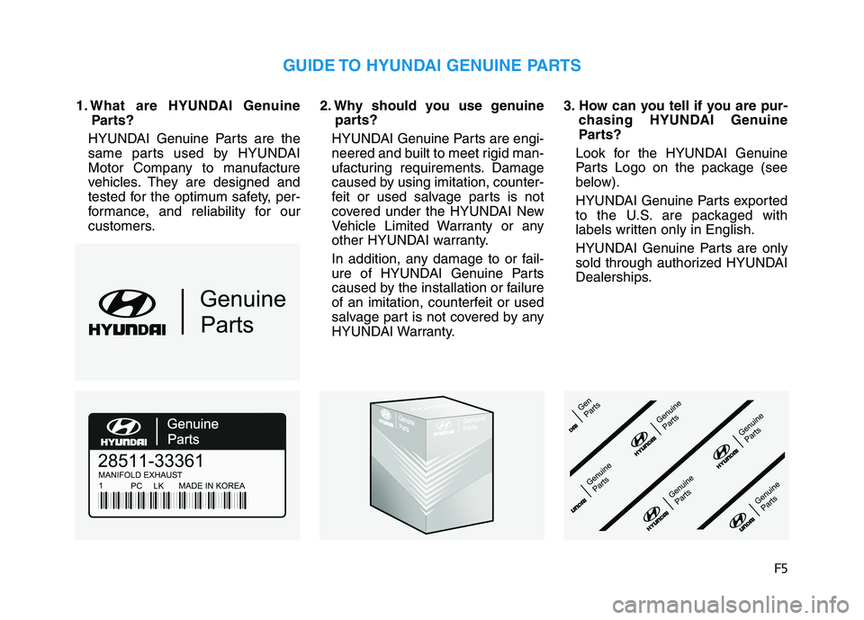 HYUNDAI TUCSON 2021  Owners Manual F5
1. What are HYUNDAI GenuineParts?
HYUNDAI Genuine Parts are the
same parts used by HYUNDAI
Motor Company to manufacture
vehicles. They are designed and
tested for the optimum safety, per-
formance,