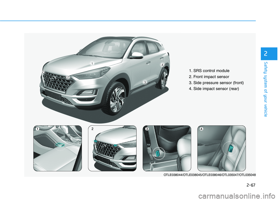 HYUNDAI TUCSON 2021 Manual Online 2-67
Safety system of your vehicle
2
1. SRS control module
2. Front impact sensor
3. Side pressure sensor (front)
4. Side impact sensor (rear)
OTLE038044/OTLE038045/OTLE038046/OTL035047/OTL035048 HYUNDAI TUCSON 2021 Manual Online 2-67
Safety system of your vehicle
2
1. SRS control module
2. Front impact sensor
3. Side pressure sensor (front)
4. Side impact sensor (rear)
OTLE038044/OTLE038045/OTLE038046/OTL035047/OTL035048