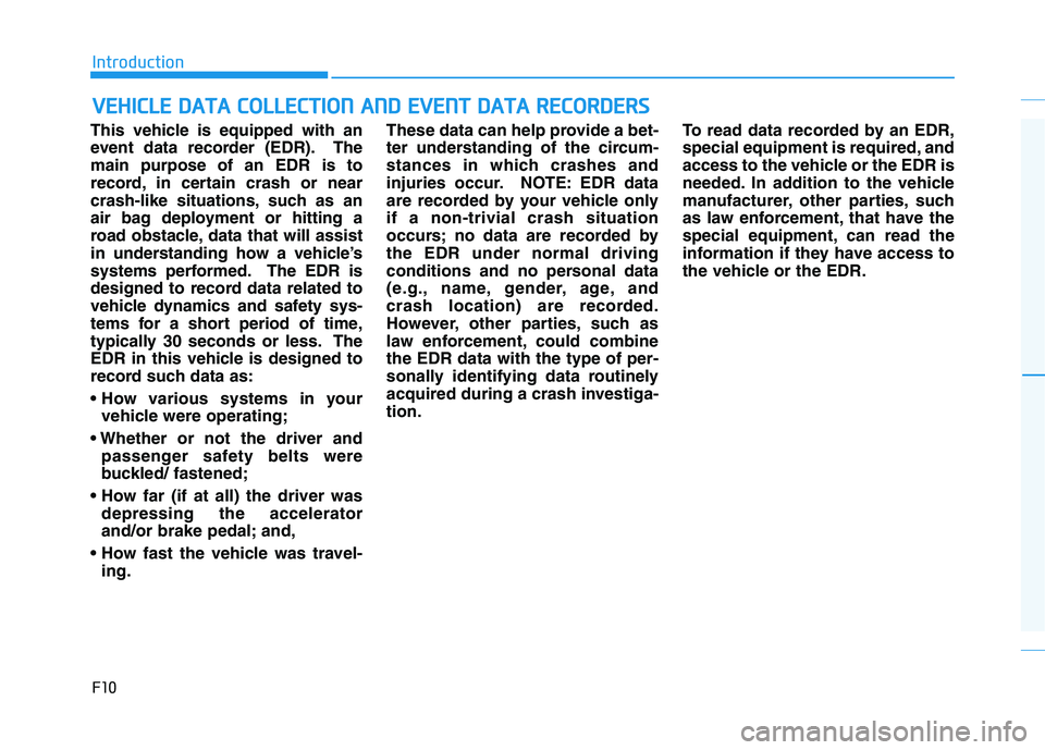 HYUNDAI TUCSON 2021  Owners Manual F10
Introduction
This vehicle is equipped with an
event data recorder (EDR). The
main purpose of an EDR is to
record, in certain crash or near
crash-like situations, such as an
air bag deployment or h