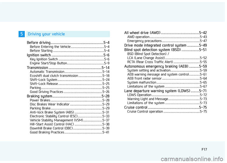 HYUNDAI TUCSON 2016  Owners Manual F17F17
Before driving.........................................................5-4
Before Entering the Vehicle ...........................................5-4 
Before Starting ..........................
