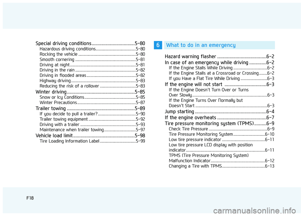 HYUNDAI TUCSON 2016  Owners Manual F18
Special driving conditions ...................................5-80
Hazardous driving conditions.......................................5-80 
Rocking the vehicle ....................................