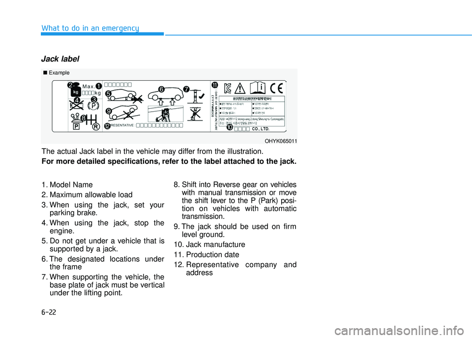HYUNDAI TUCSON 2016  Owners Manual 6-22
What to do in an emergency
Jack label
The actual Jack label in the vehicle may differ from the illustration. 
For more detailed specifications, refer to the label attached to the jack.
■Example