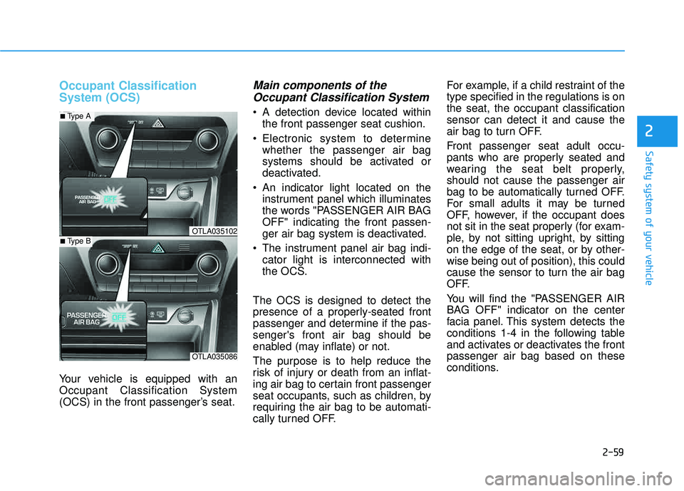 HYUNDAI TUCSON 2016 Manual Online 2-59
Safety system of your vehicle
2
Occupant Classification System (OCS)
Your vehicle is equipped with an Occupant Classification System
(OCS) in the front passenger’s seat.
Main components of theO HYUNDAI TUCSON 2016 Manual Online 2-59
Safety system of your vehicle
2
Occupant Classification System (OCS)
Your vehicle is equipped with an Occupant Classification System
(OCS) in the front passenger’s seat.
Main components of theO
