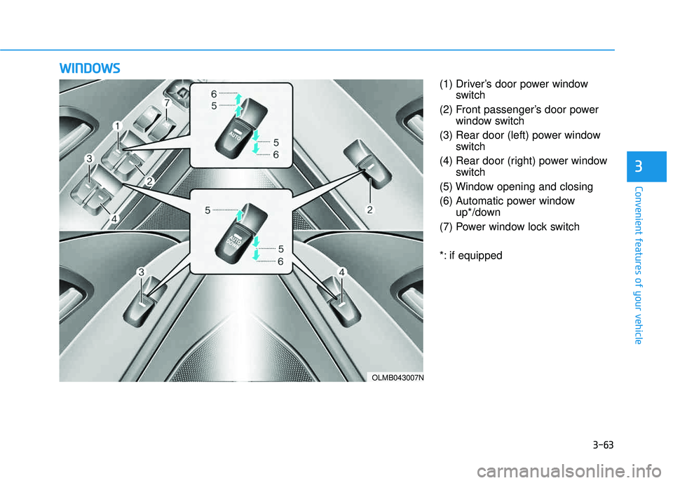 HYUNDAI TUCSON 2015  Owners Manual 3-63
Convenient features of your vehicle
3
(1) Driver’s door power windowswitch
(2) Front passenger’s door power window switch
(3) Rear door (left) power window switch
(4) Rear door (right) power 