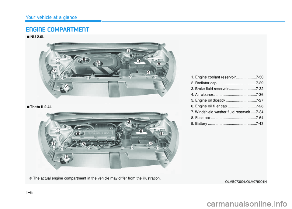 HYUNDAI TUCSON 2015  Owners Manual 1-6
Your vehicle at a glance
EENN GGIINN EE  CC OO MM PPAA RRTTMM EENN TT
1. Engine coolant reservoir ...................7-30 
2. Radiator cap .....................................7-29 
3. Brake fluid