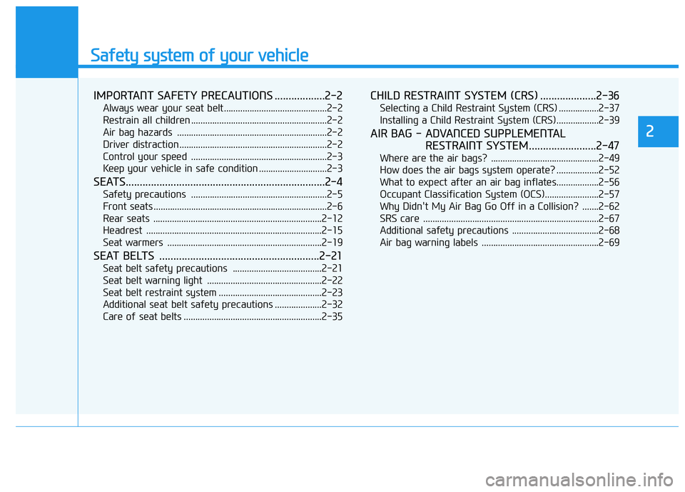 HYUNDAI TUCSON 2015  Owners Manual Safety system of your vehicle
2
IMPORTANT SAFETY PRECAUTIONS ..................2-2
Always wear your seat belt............................................2-2 
Restrain all children ....................