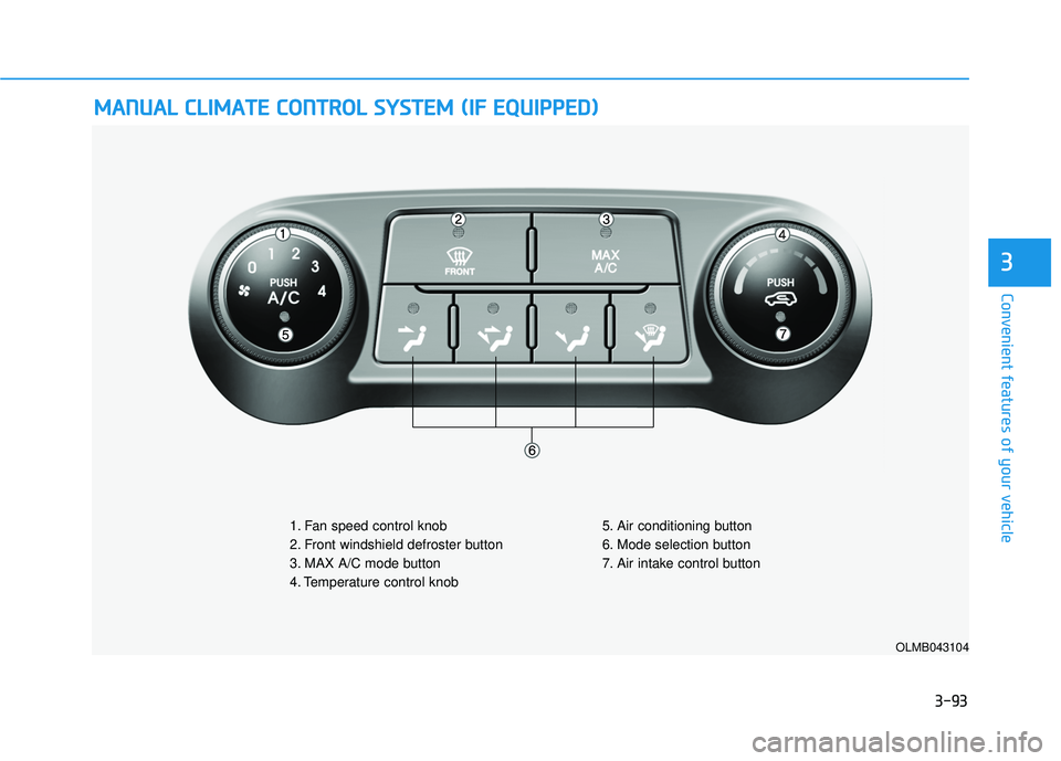 HYUNDAI TUCSON 2015  Owners Manual 3-93
Convenient features of your vehicle
3
MMAANN UU AALL  CC LLIIMM AATTEE  CC OO NNTTRR OO LL  SS YY SSTT EEMM   (( IIFF   EE QQ UUIIPP PPEEDD ))
OLMB043104
1. Fan speed control knob 
2. Front winds