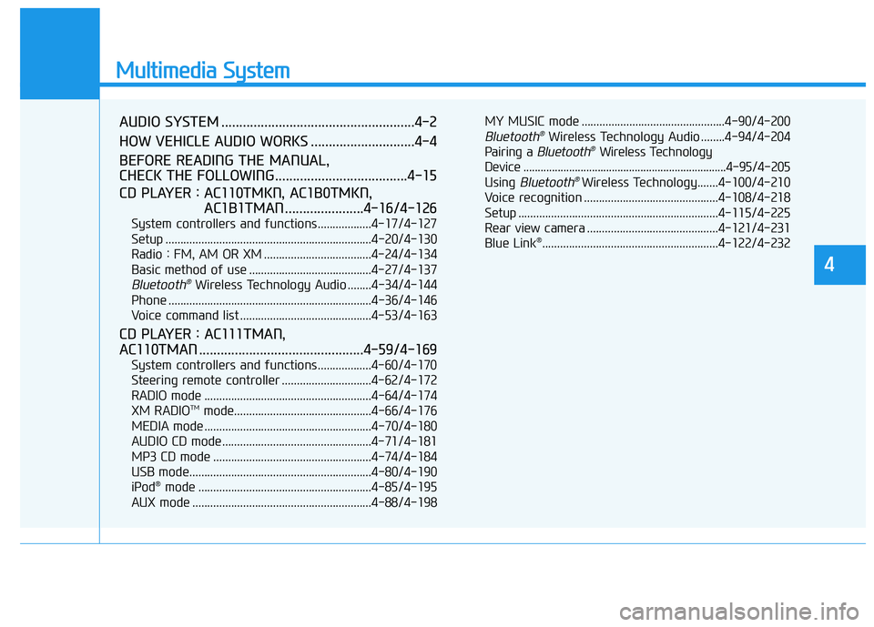 HYUNDAI TUCSON 2015 Owners Manual Multimedia System
AUDIO SYSTEM ......................................................4-2
HOW VEHICLE AUDIO WORKS .............................4-4
BEFORE READING THE MANUAL,
CHECK THE FOLLOWING..... HYUNDAI TUCSON 2015 Owners Manual Multimedia System
AUDIO SYSTEM ......................................................4-2
HOW VEHICLE AUDIO WORKS .............................4-4
BEFORE READING THE MANUAL,
CHECK THE FOLLOWING.....