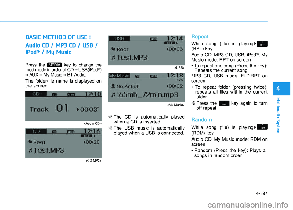 HYUNDAI TUCSON 2015  Owners Manual 4-137
Multimedia System
4
BBAA SSIICC   MM EETT HH OO DD  OO FF  UU SSEE   ::
A
A uuddiioo   CC DD   //   MM PP33  CC DD   //   UU SSBB   //
i
i PP oodd ®®
//  MM yy  MM uussiicc
Press the  key to c