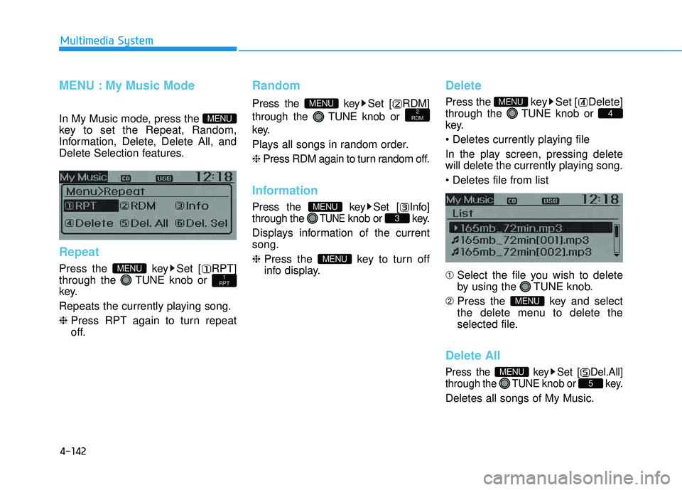 HYUNDAI TUCSON 2015  Owners Manual 4-142
Multimedia System
MENU : My Music Mode        
In My Music mode, press the  
key to set the Repeat, Random,
Information, Delete, Delete All, and
Delete Selection features.
Repeat
Press the  key 