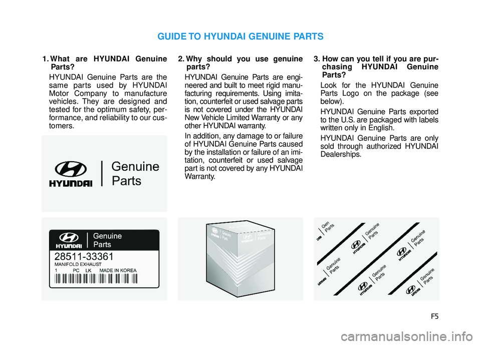 HYUNDAI TUCSON 2015  Owners Manual F5
1. What are HYUNDAI GenuineParts?
HYUNDAI Genuine Parts are the 
same parts used by HYUNDAI
Motor Company to manufacture
vehicles. They are designed and
tested for the optimum safety, per-
formance