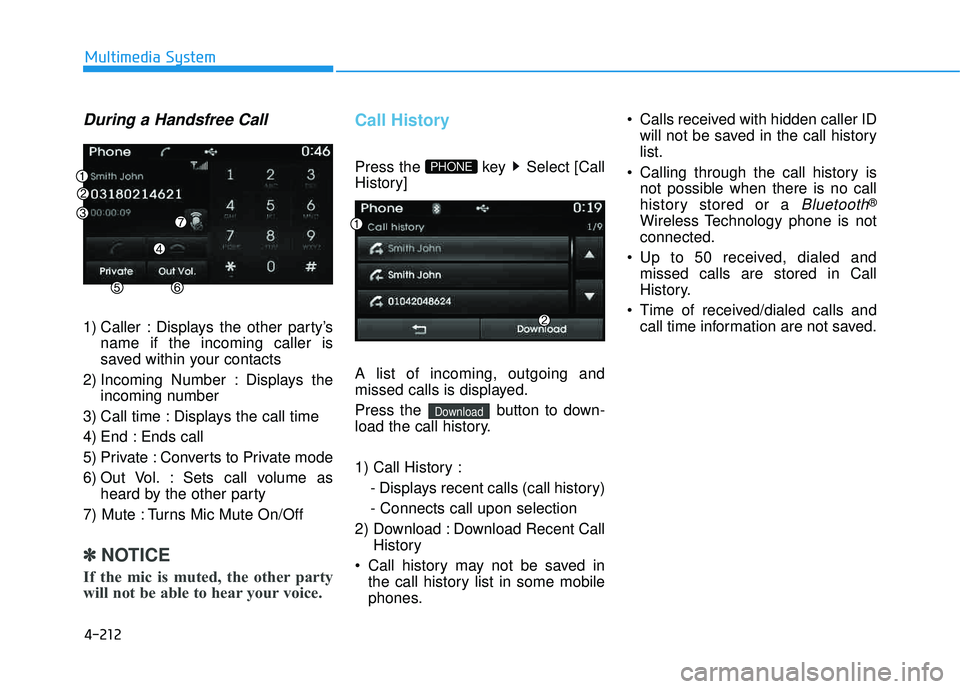 HYUNDAI TUCSON 2015 Owners Manual 4-212
Multimedia System
During a Handsfree Call
1) Caller : Displays the other party’sname if the incoming caller is
saved within your contacts
2) Incoming Number : Displays the incoming number
3) HYUNDAI TUCSON 2015 Owners Manual 4-212
Multimedia System
During a Handsfree Call
1) Caller : Displays the other party’sname if the incoming caller is
saved within your contacts
2) Incoming Number : Displays the incoming number
3)