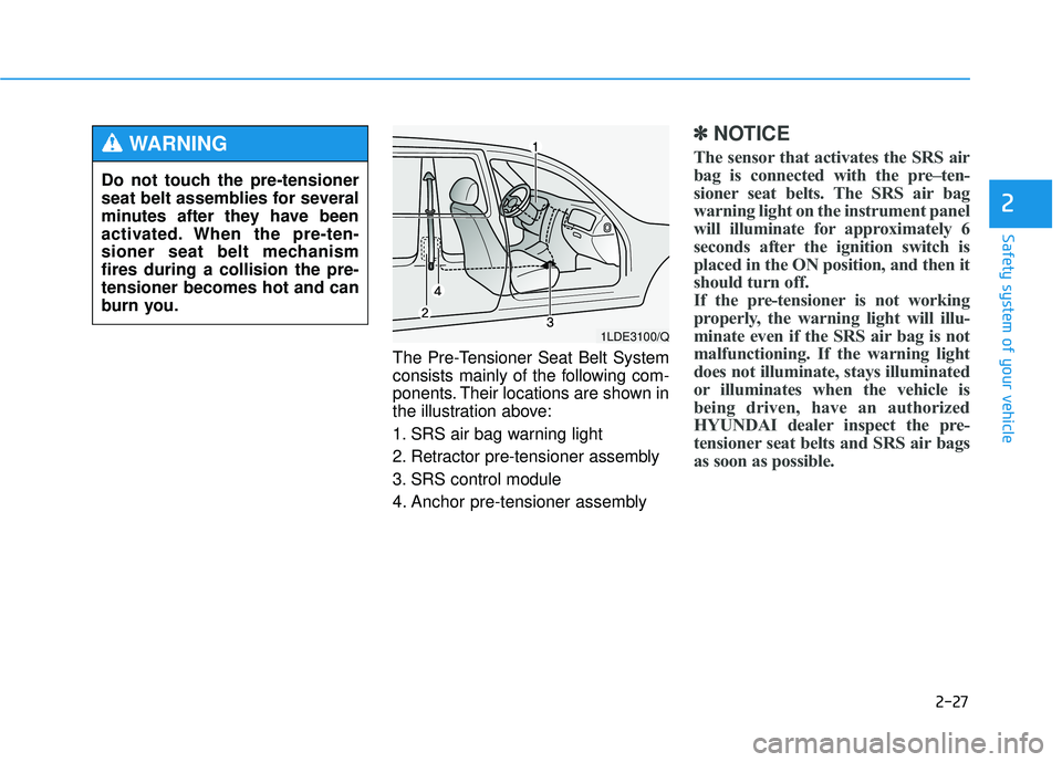 HYUNDAI TUCSON 2015 Service Manual 2-27
Safety system of your vehicle
2
The Pre-Tensioner Seat Belt System
consists mainly of the following com-
ponents. Their locations are shown in
the illustration above:
1. SRS air bag warning lig HYUNDAI TUCSON 2015 Service Manual 2-27
Safety system of your vehicle
2
The Pre-Tensioner Seat Belt System
consists mainly of the following com-
ponents. Their locations are shown in
the illustration above:
1. SRS air bag warning lig