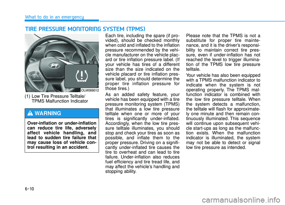HYUNDAI TUCSON 2015 Owners Manual 6-10
(1) Low Tire Pressure Telltale/TPMS Malfunction Indicator Each tire, including the spare (if pro-
vided), should be checked monthlywhen cold and inflated to the inflation
pressure recommended by HYUNDAI TUCSON 2015 Owners Manual 6-10
(1) Low Tire Pressure Telltale/TPMS Malfunction Indicator Each tire, including the spare (if pro-
vided), should be checked monthlywhen cold and inflated to the inflation
pressure recommended by