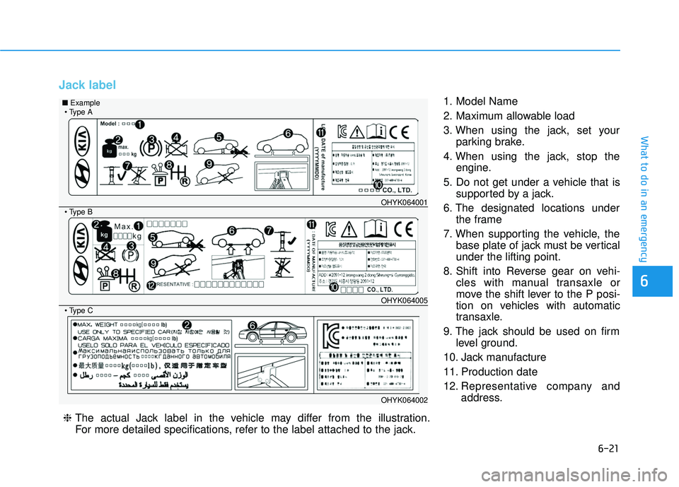 HYUNDAI TUCSON 2015 Owners Manual 6-21
What to do in an emergency
Jack label
1. Model Name
2. Maximum allowable load
3. When using the jack, set yourparking brake.
4. When using the jack, stop the engine.
5. Do not get under a vehic HYUNDAI TUCSON 2015 Owners Manual 6-21
What to do in an emergency
Jack label
1. Model Name
2. Maximum allowable load
3. When using the jack, set yourparking brake.
4. When using the jack, stop the engine.
5. Do not get under a vehic