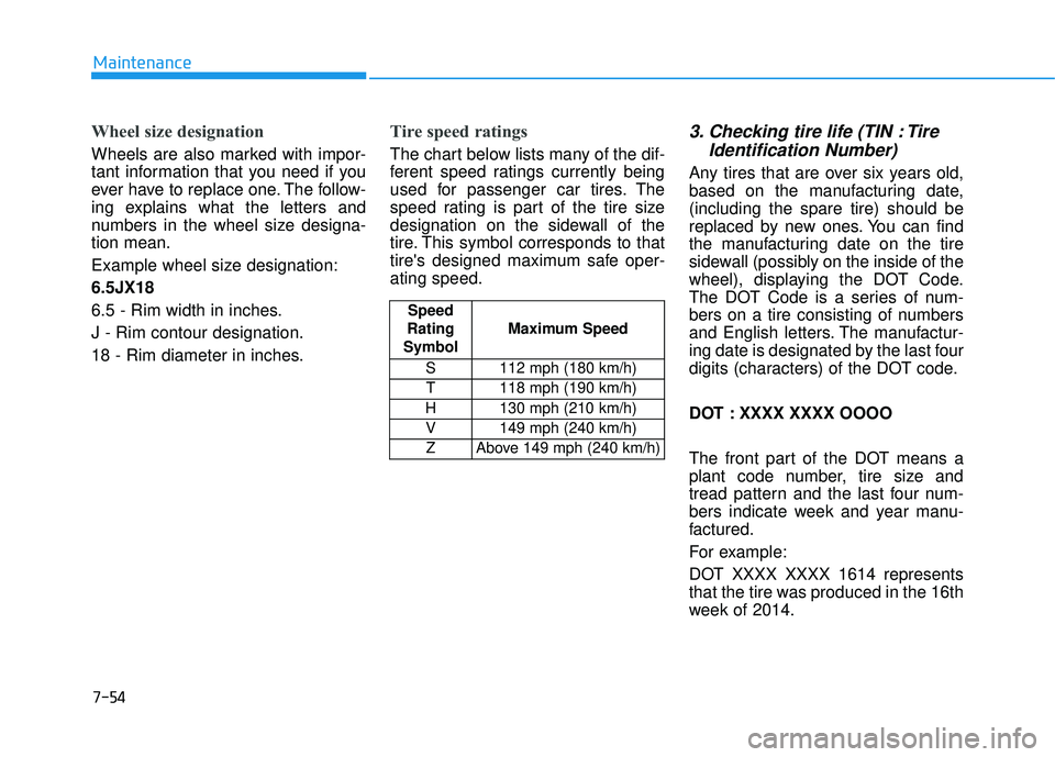 HYUNDAI TUCSON 2015 Owners Manual 7-54
Maintenance
Wheel size designation
Wheels are also marked with impor-
tant information that you need if you
ever have to replace one. The follow-
ing explains what the letters and
numbers in th HYUNDAI TUCSON 2015 Owners Manual 7-54
Maintenance
Wheel size designation
Wheels are also marked with impor-
tant information that you need if you
ever have to replace one. The follow-
ing explains what the letters and
numbers in th