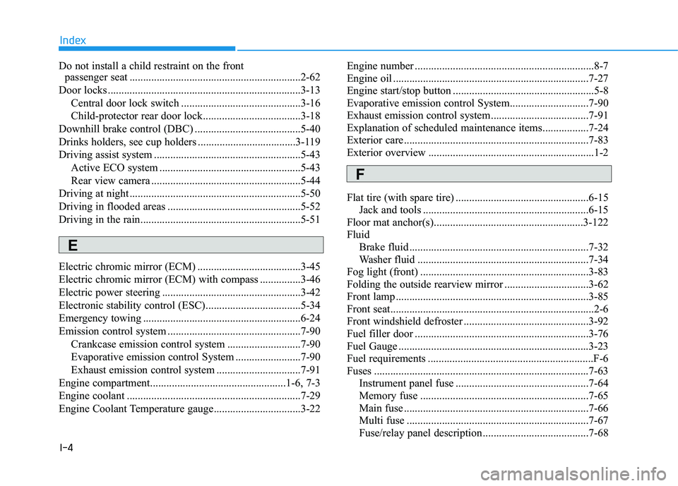 HYUNDAI TUCSON 2015  Owners Manual I-4
Do not install a child restraint on the frontpassenger seat ...............................................................2-62
Door locks .........................................................