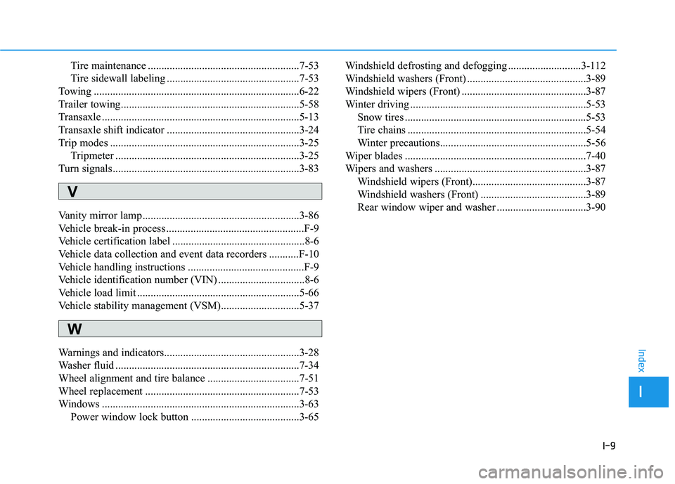 HYUNDAI TUCSON 2015  Owners Manual I-9
Tire maintenance ........................................................7-53 
Tire sidewall labeling .................................................7-53
Towing .................................