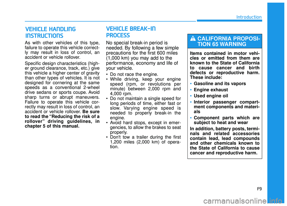 HYUNDAI TUCSON 2015  Owners Manual F9
Introduction
As with other vehicles of this type, 
failure to operate this vehicle correct-
ly may result in loss of control, an
accident or vehicle rollover. 
Specific design characteristics (high