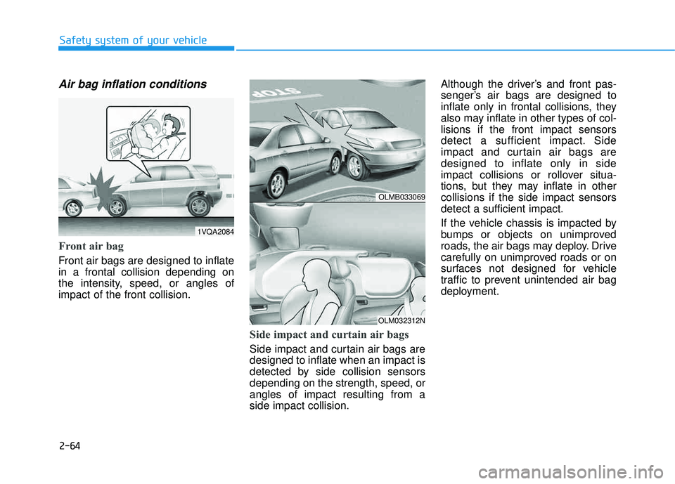 HYUNDAI TUCSON 2015 Manual Online 2-64
Safety system of your vehicle
Air bag inflation conditions 
Front air bag 
Front air bags are designed to inflate in a frontal collision depending on
the intensity, speed, or angles ofimpact of t