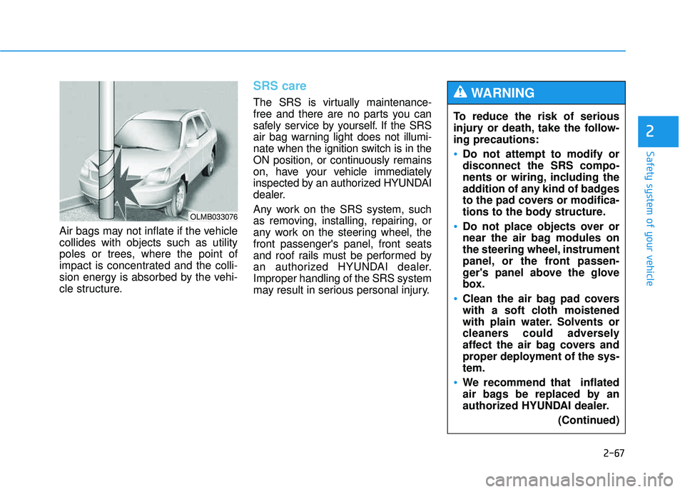 HYUNDAI TUCSON 2015  Owners Manual 2-67
Safety system of your vehicle
2
Air bags may not inflate if the vehicle collides with objects such as utility
poles or trees, where the point of
impact is concentrated and the colli-
sion energy 
