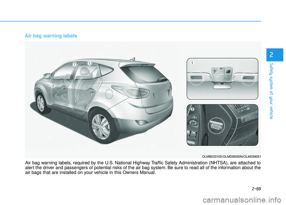 HYUNDAI TUCSON 2015 Manual Online 2-69
Safety system of your vehicle
2
Air bag warning labels 
OLMB033105/OLM039050N/OLM039051
Air bag warning labels, required by the U.S. National Highway Traffic Safety Administration (NHTSA), are at