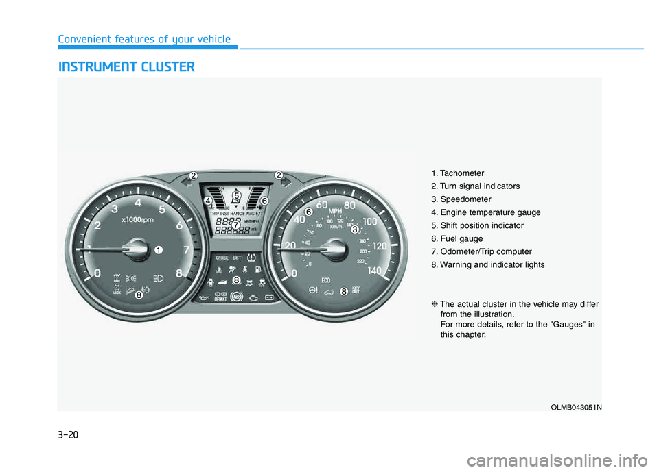 HYUNDAI TUCSON 2014 Owners Manual 3-20
Convenient features of your vehicle
IINN SSTT RR UU MM EENN TT CC LLUU SSTT EERR
1. Tachometer
2. Turn signal indicators
3. Speedometer
4. Engine temperature gauge
5. Shift position indicato HYUNDAI TUCSON 2014 Owners Manual 3-20
Convenient features of your vehicle
IINN SSTT RR UU MM EENN TT CC LLUU SSTT EERR
1. Tachometer
2. Turn signal indicators
3. Speedometer
4. Engine temperature gauge
5. Shift position indicato