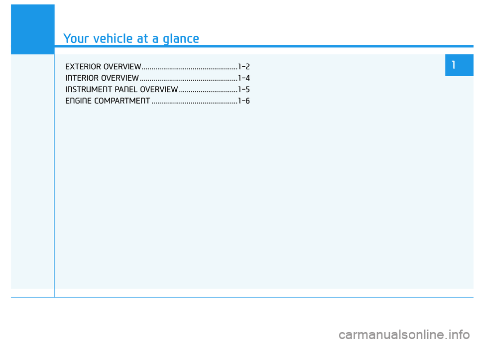 HYUNDAI TUCSON 2014 User Guide Your vehicle at a glance
1
Your vehicle at a glance
EXTERIOR OVERVIEW .................................................1-2
INTERIOR OVERVIEW ..................................................1-4
INST HYUNDAI TUCSON 2014 User Guide Your vehicle at a glance
1
Your vehicle at a glance
EXTERIOR OVERVIEW .................................................1-2
INTERIOR OVERVIEW ..................................................1-4
INST