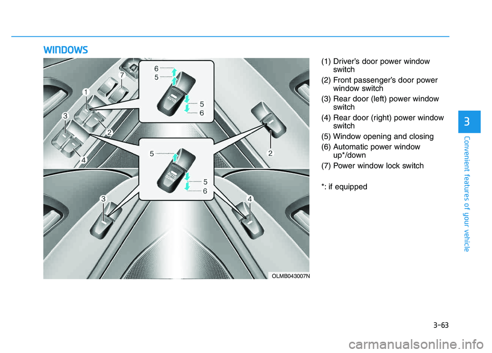 HYUNDAI TUCSON 2014 Owners Manual 3-63
Convenient features of your vehicle
3
(1) Driver’s door power windowswitch
(2) Front passenger’s door power window switch
(3) Rear door (left) power window switch
(4) Rear door (right) power HYUNDAI TUCSON 2014 Owners Manual 3-63
Convenient features of your vehicle
3
(1) Driver’s door power windowswitch
(2) Front passenger’s door power window switch
(3) Rear door (left) power window switch
(4) Rear door (right) power