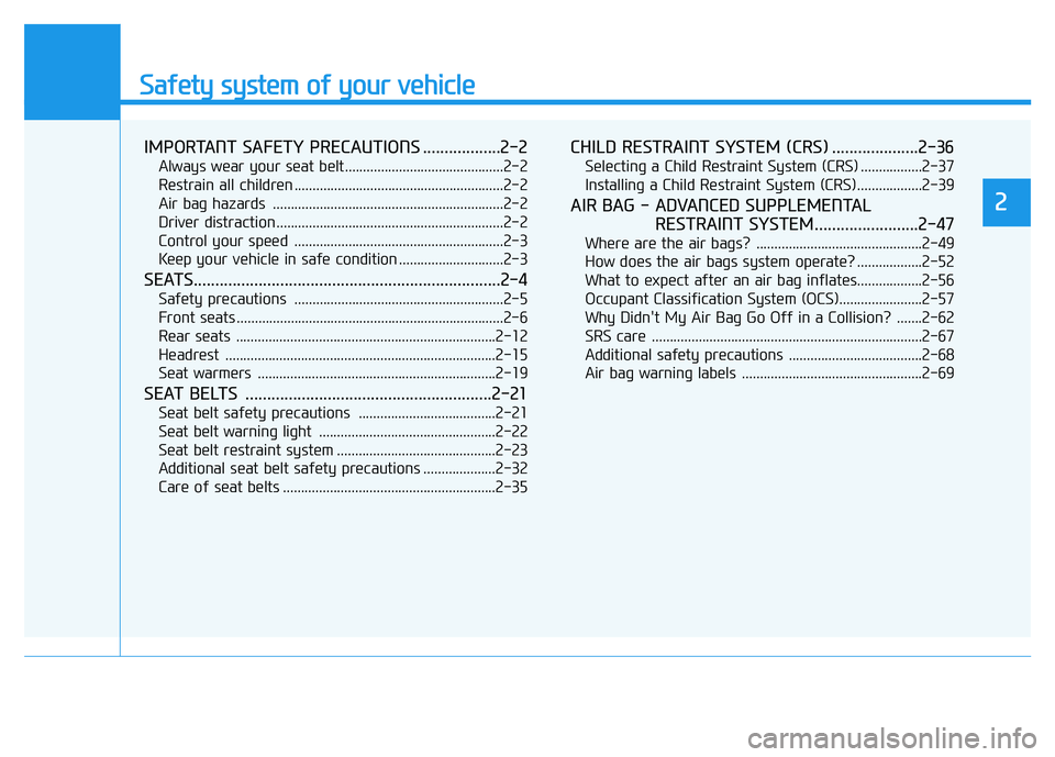 HYUNDAI TUCSON 2014 User Guide Safety system of your vehicle
2
IMPORTANT SAFETY PRECAUTIONS ..................2-2
Always wear your seat belt............................................2-2
Restrain all children .................... HYUNDAI TUCSON 2014 User Guide Safety system of your vehicle
2
IMPORTANT SAFETY PRECAUTIONS ..................2-2
Always wear your seat belt............................................2-2
Restrain all children ....................